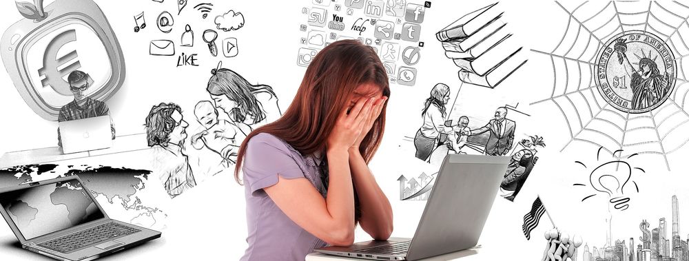 A woman in front of her computer, hands covering her face, as line drawn images crowd around her - showing how hard it can be to find time and space for deep thinking.