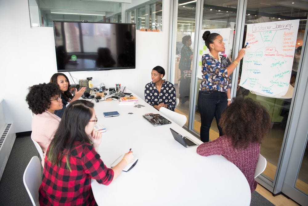 A group of women brainstorming in a conference room about what a company's strategic plan consists of.